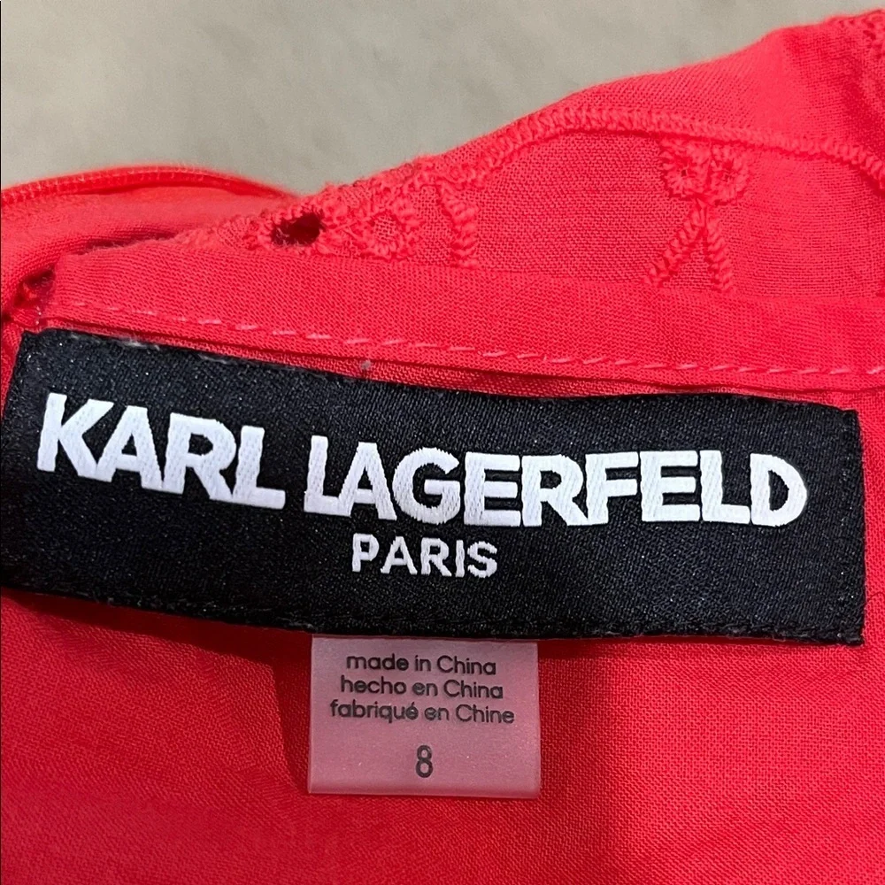 Karl Lagerfeld PARIS CIRCLE ICON CORAL EYELET MINI PUFF SLEEVE DRESS SIZE 8